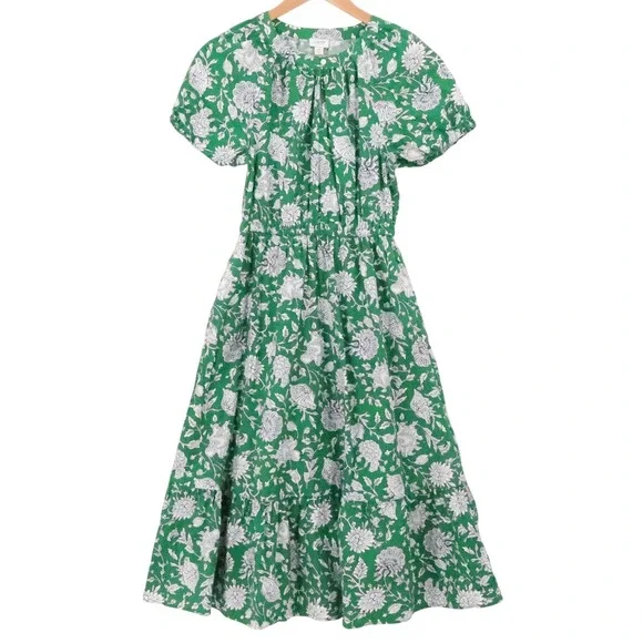 J Crew Floral Tiered Midi Dress Womens Size 00 Green Boho Cottage Pockets 2024 - Picture 1 of 13